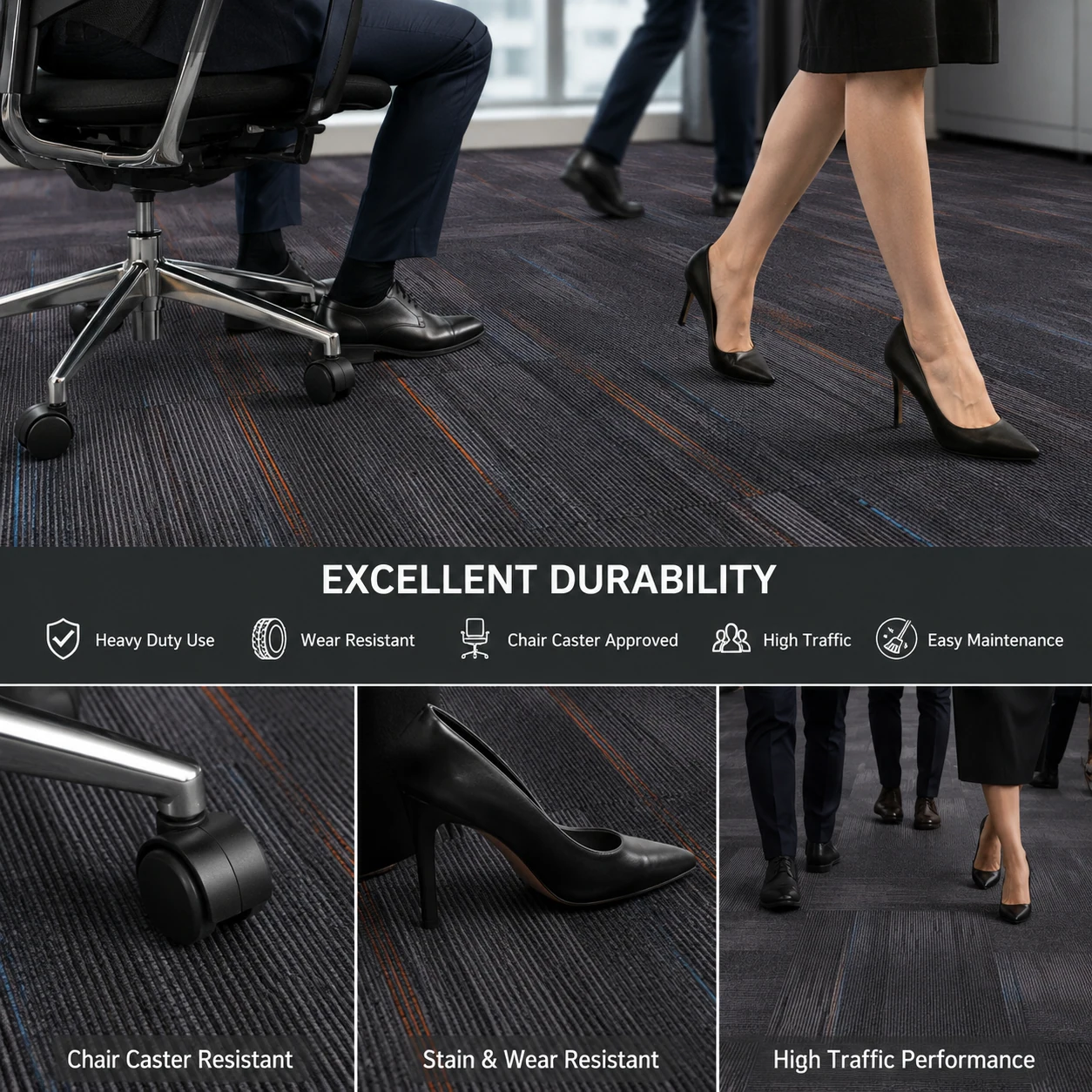 Wear resistance detail for nylon carpet tiles used in high traffic office carpet floors