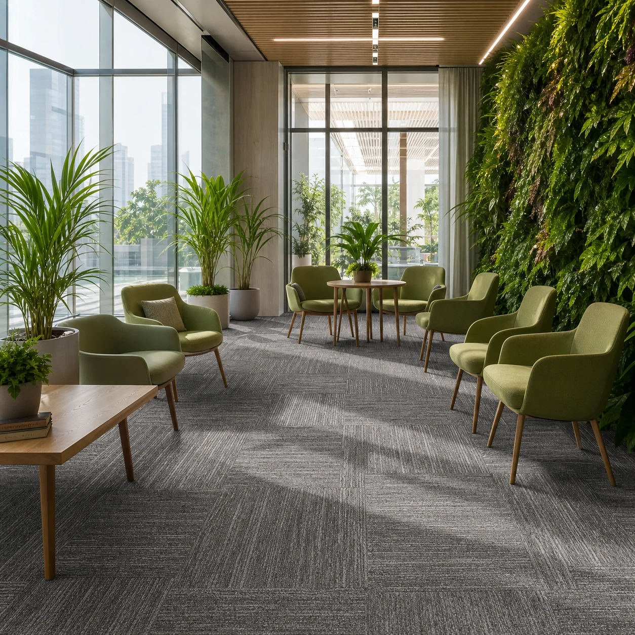 Green building office with eco carpet tiles