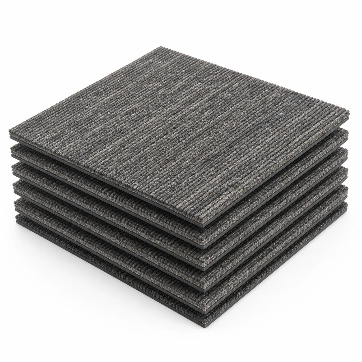 Stacked EcoCore PE backing modular carpet tiles showing layered construction