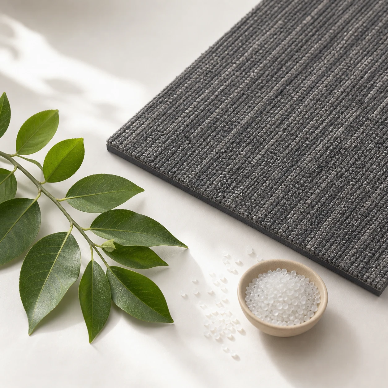 PVC-free low-VOC EcoCore carpet tile material for green building projects