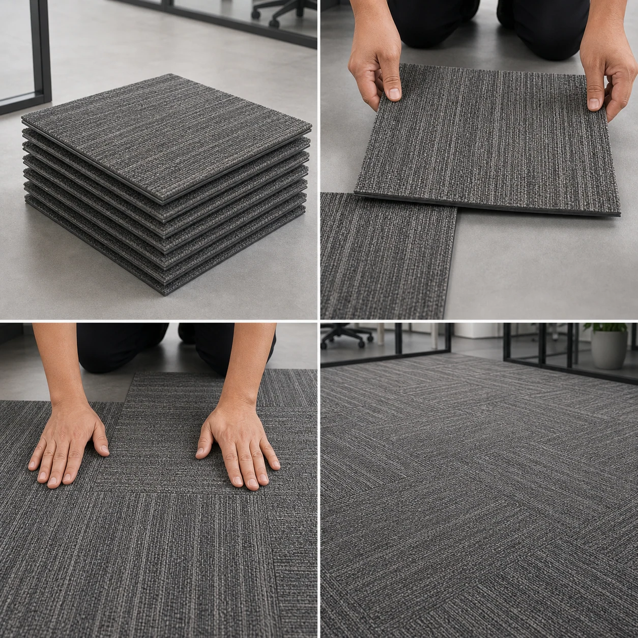 Modular installation process for EcoCore PE backing carpet tiles