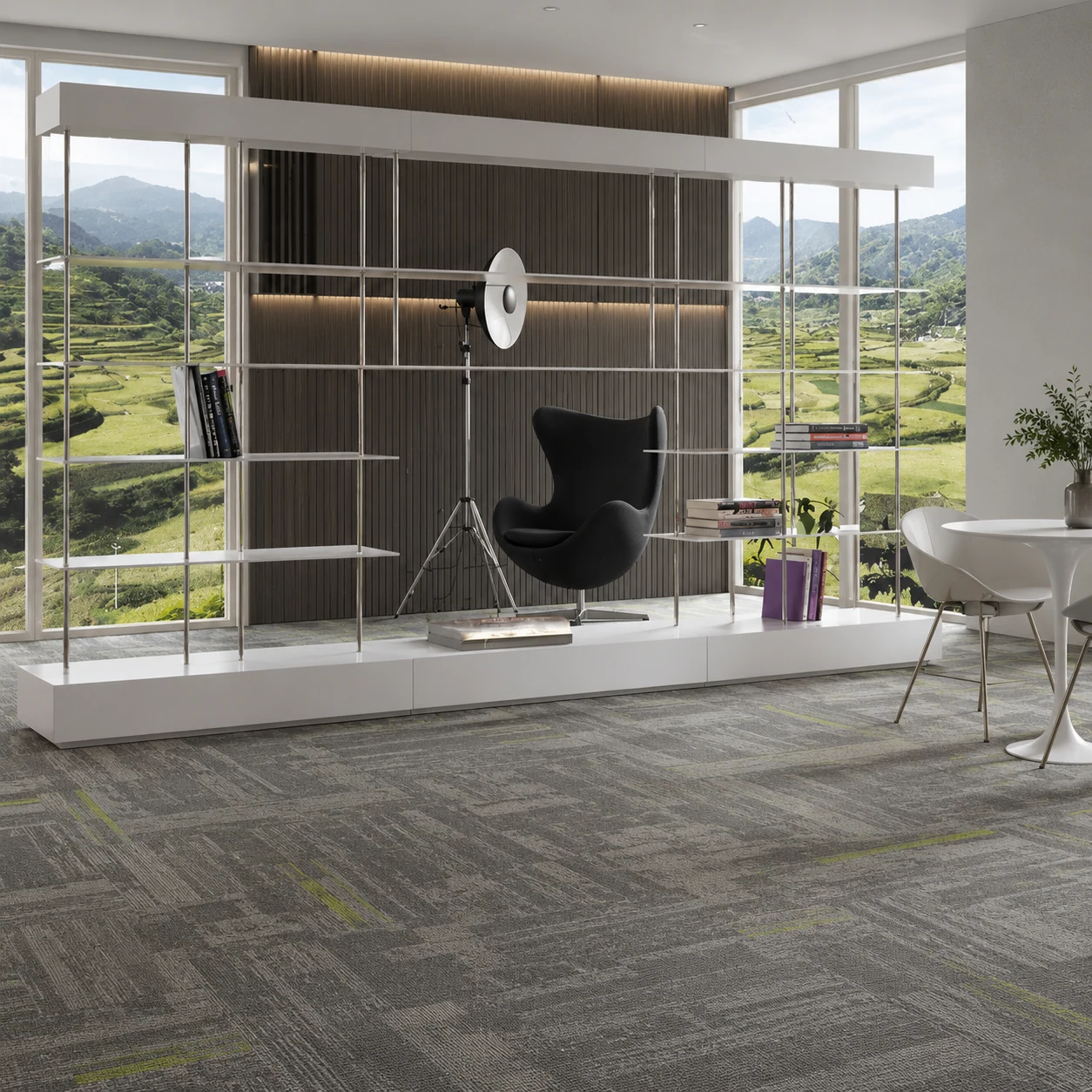 Hotel lounge and public area with commercial carpet tiles in gray textured pattern