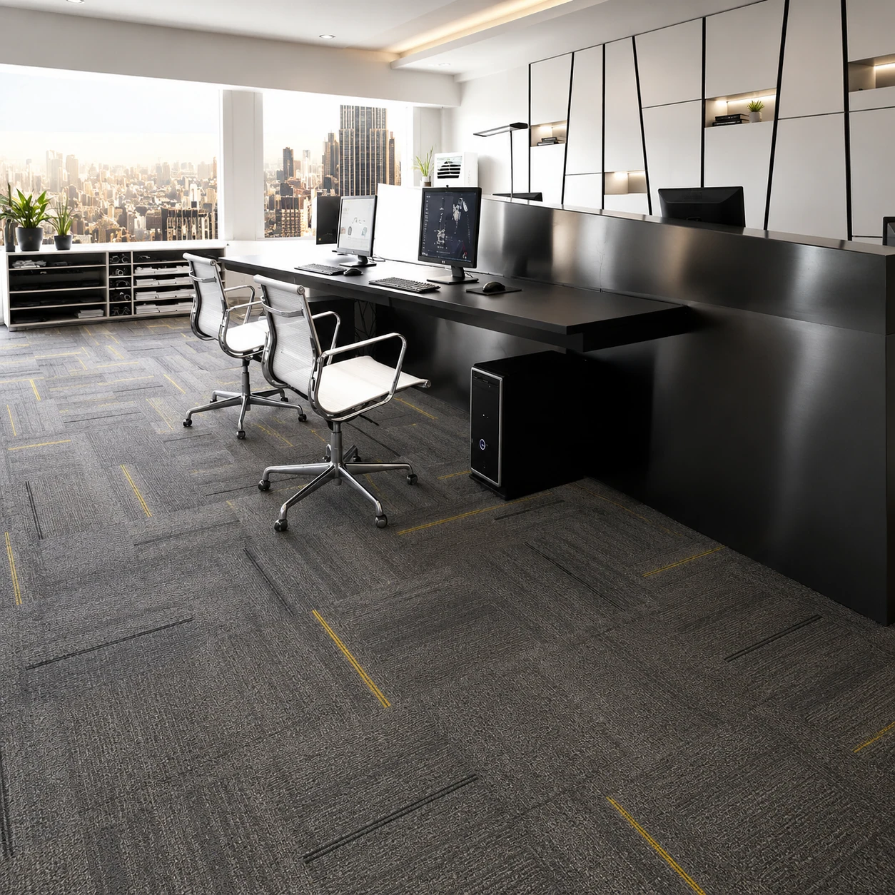 Commercial office detail image showing gray tile nylon carpet and office carpet floor