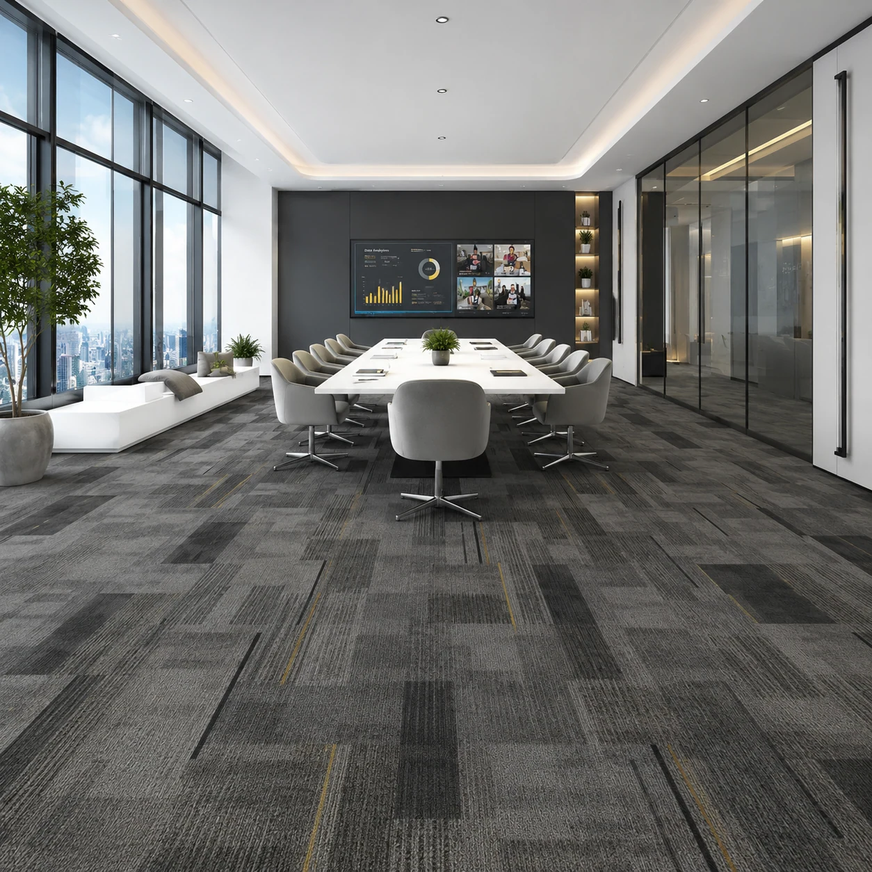 Conference room hotel carpet floor application with interlocking carpet tiles