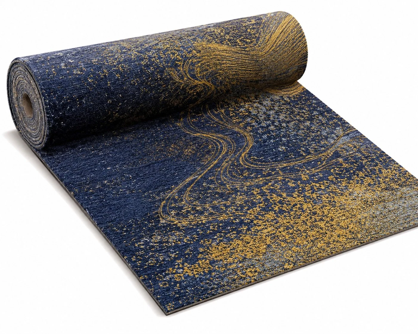 Custom hospitality broadloom carpet design in blue and gold glitter style