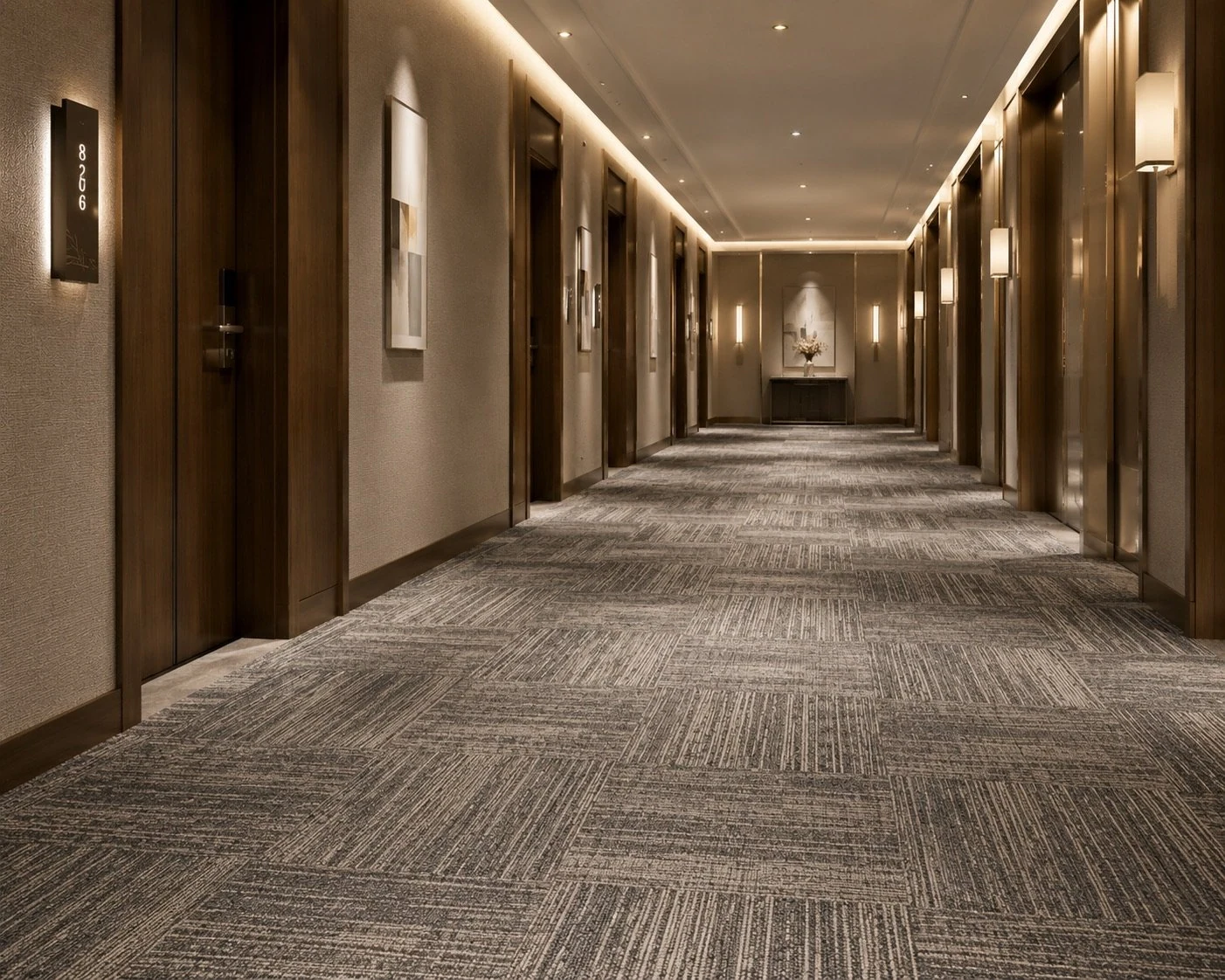 Hotel corridor installed with modular carpet tiles for commercial carpet floor projects
