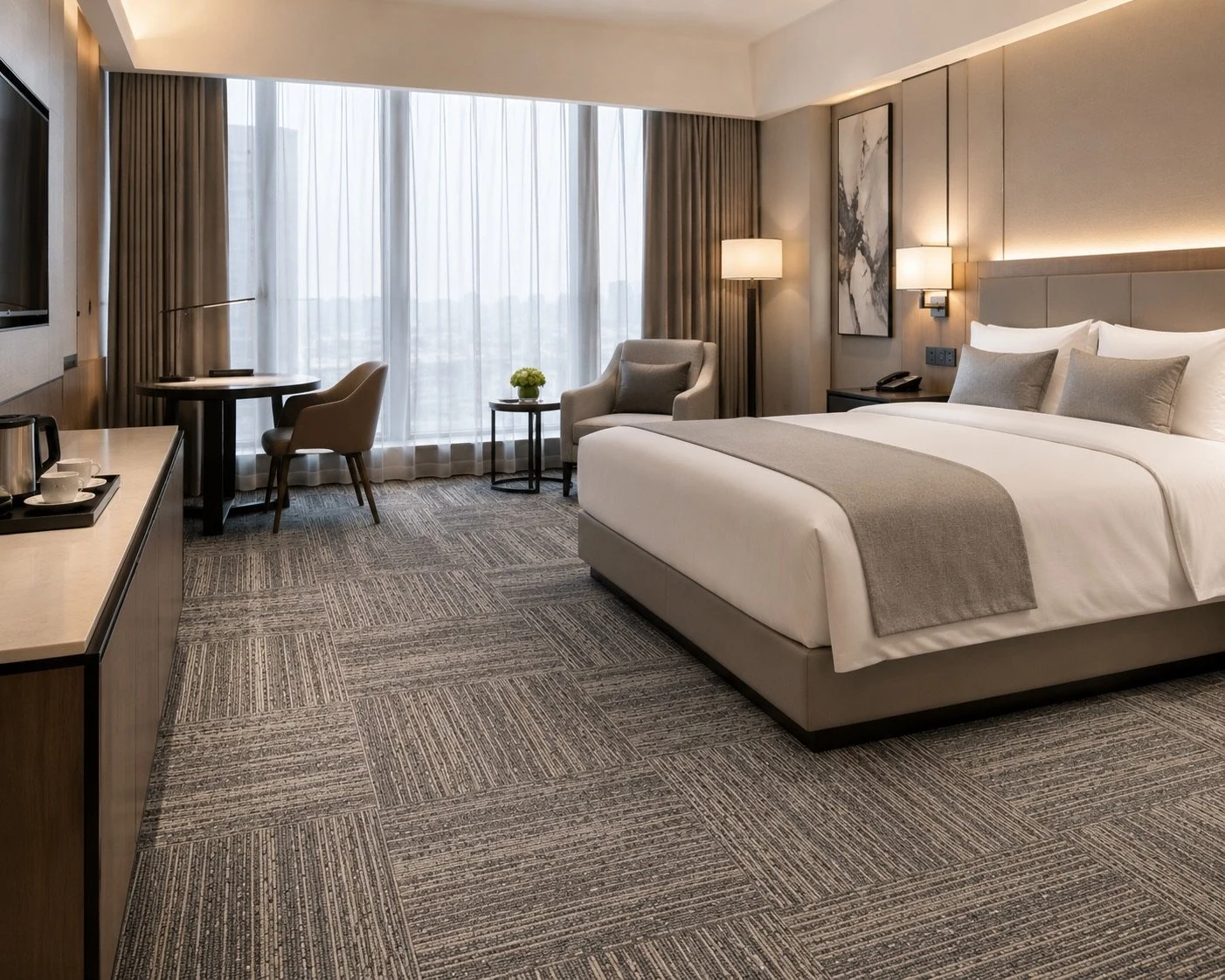 Hotel guest room with Vishomecarpet 50x50cm modular carpet tiles