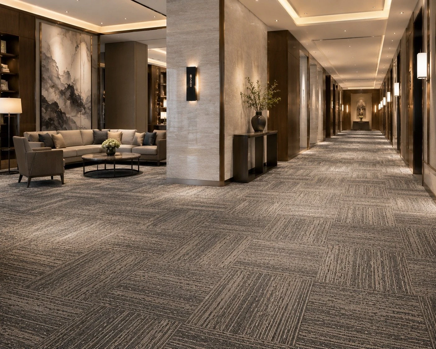 Hotel lobby and corridor application using commercial carpet tiles for heavy traffic areas