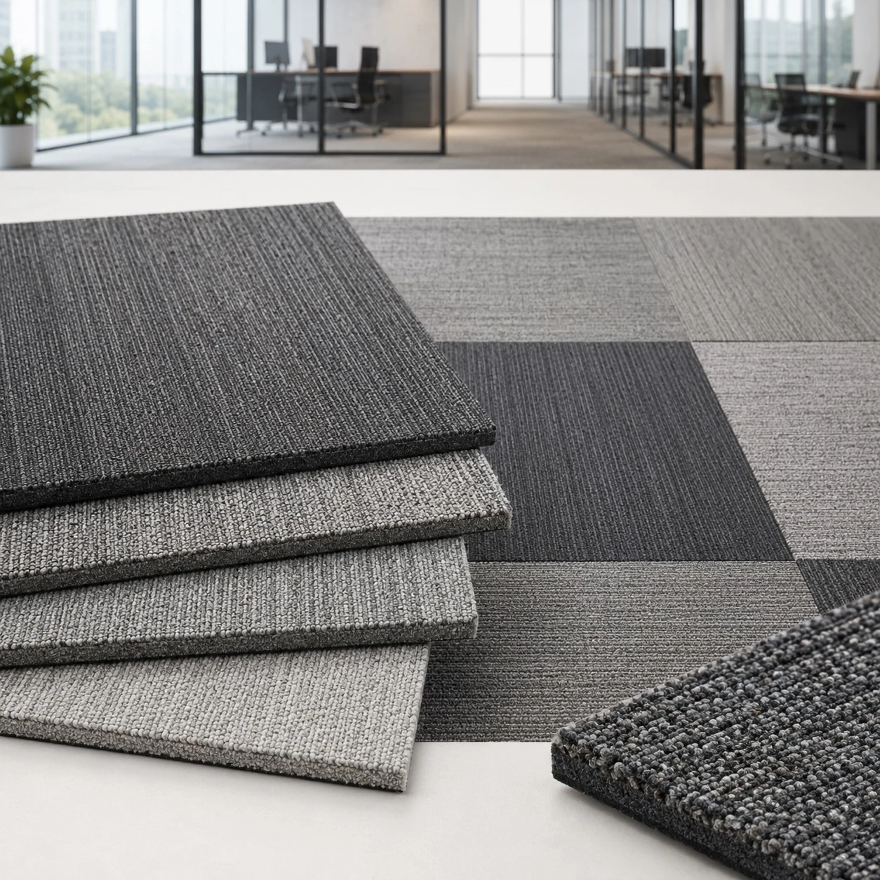 Gray commercial carpet tile stack and office floor samples for hotel and office projects