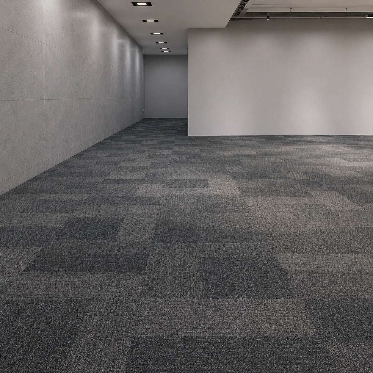 Nylon carpet tiles in quarter-turn modular layout showing checkerboard pile
