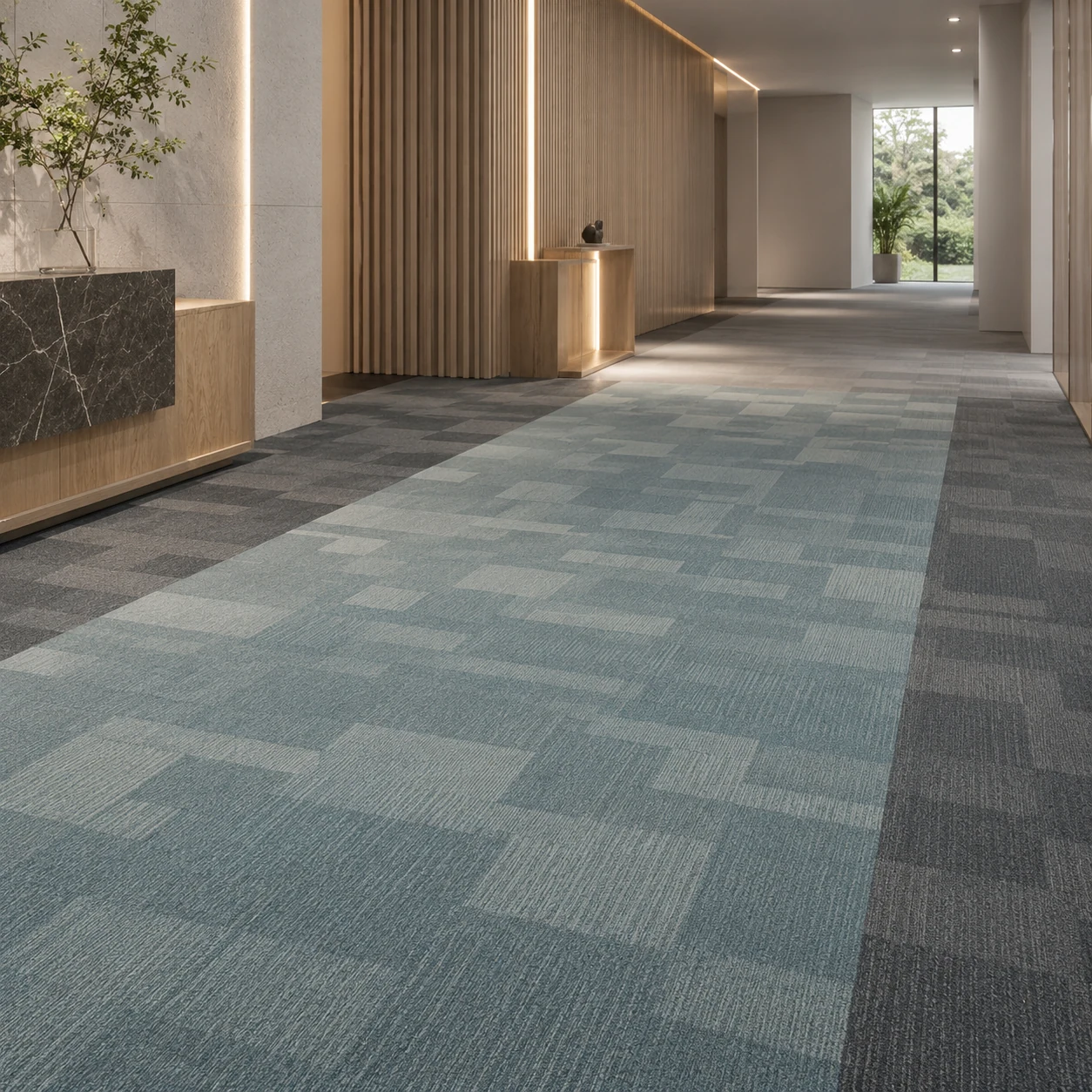 Blue gray office carpet tiles installed in a commercial corridor