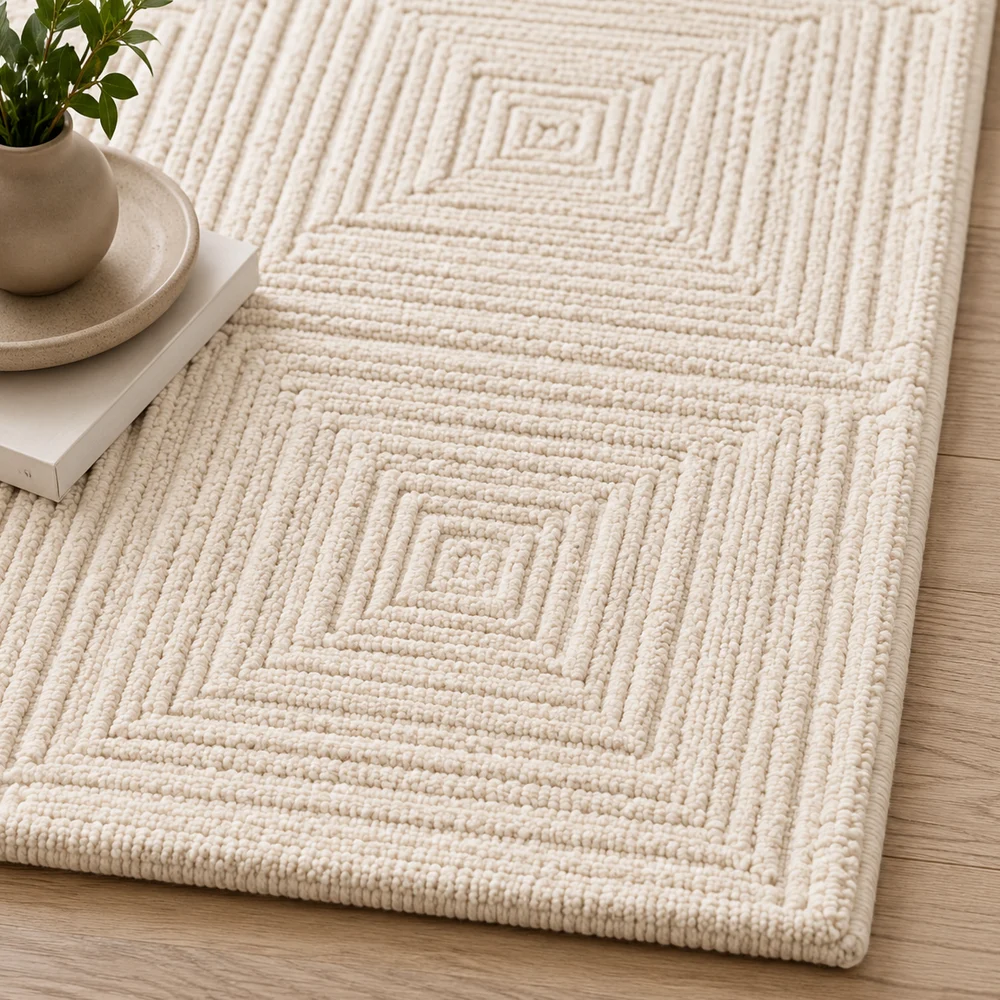 Custom sculpted wool lobby rug with sand beige concentric square pattern