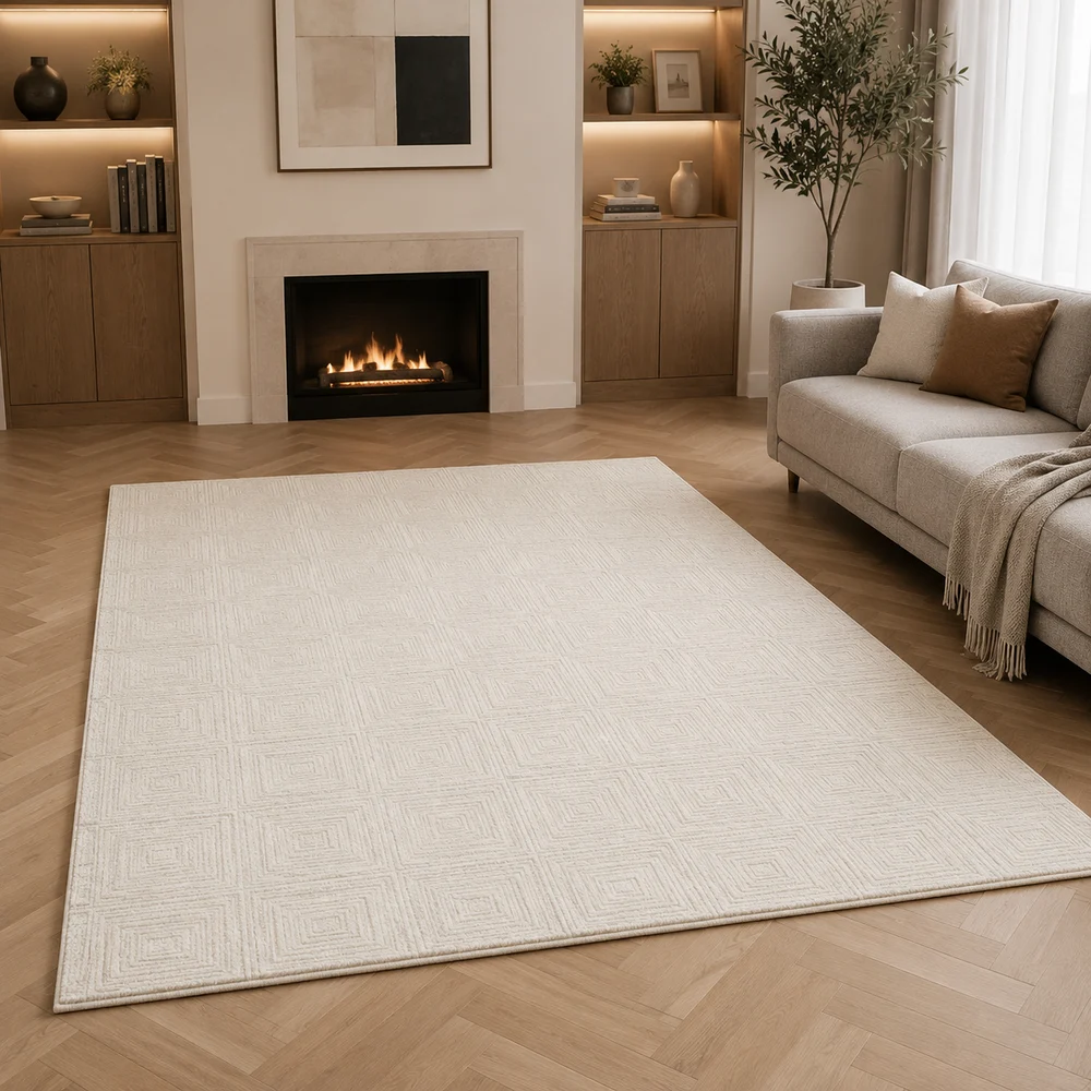 Custom sculpted wool rug in a premium commercial showroom