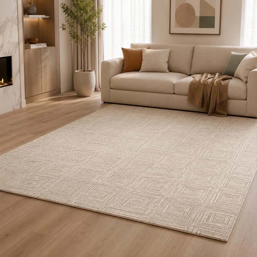 Sand beige sculpted wool rug in a private club lounge