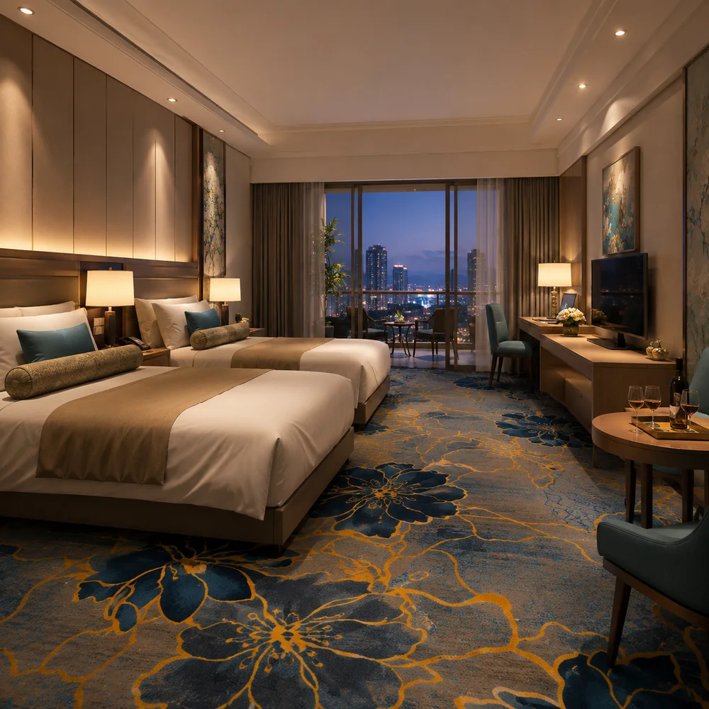Floral printed wall-to-wall carpet in a luxury hotel guestroom