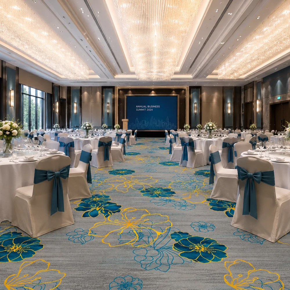 Floral printed hotel carpet in a bright banquet and conference hall