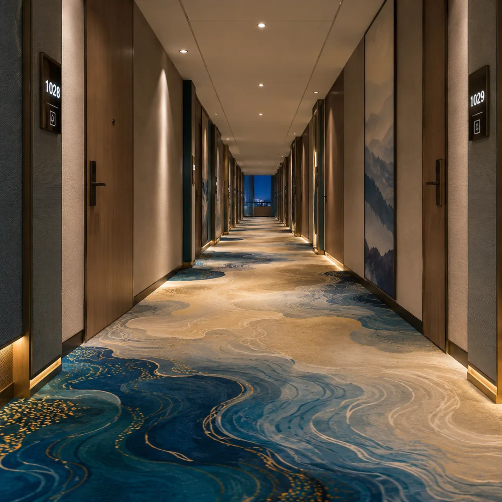 Custom printed broadloom carpet installed along a hotel guestroom corridor