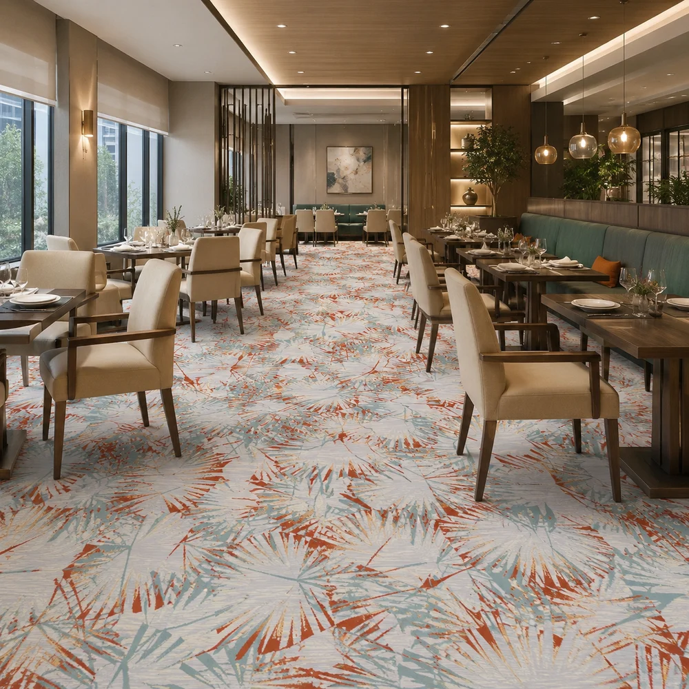 Custom hospitality carpet installed in a luxury hotel corridor