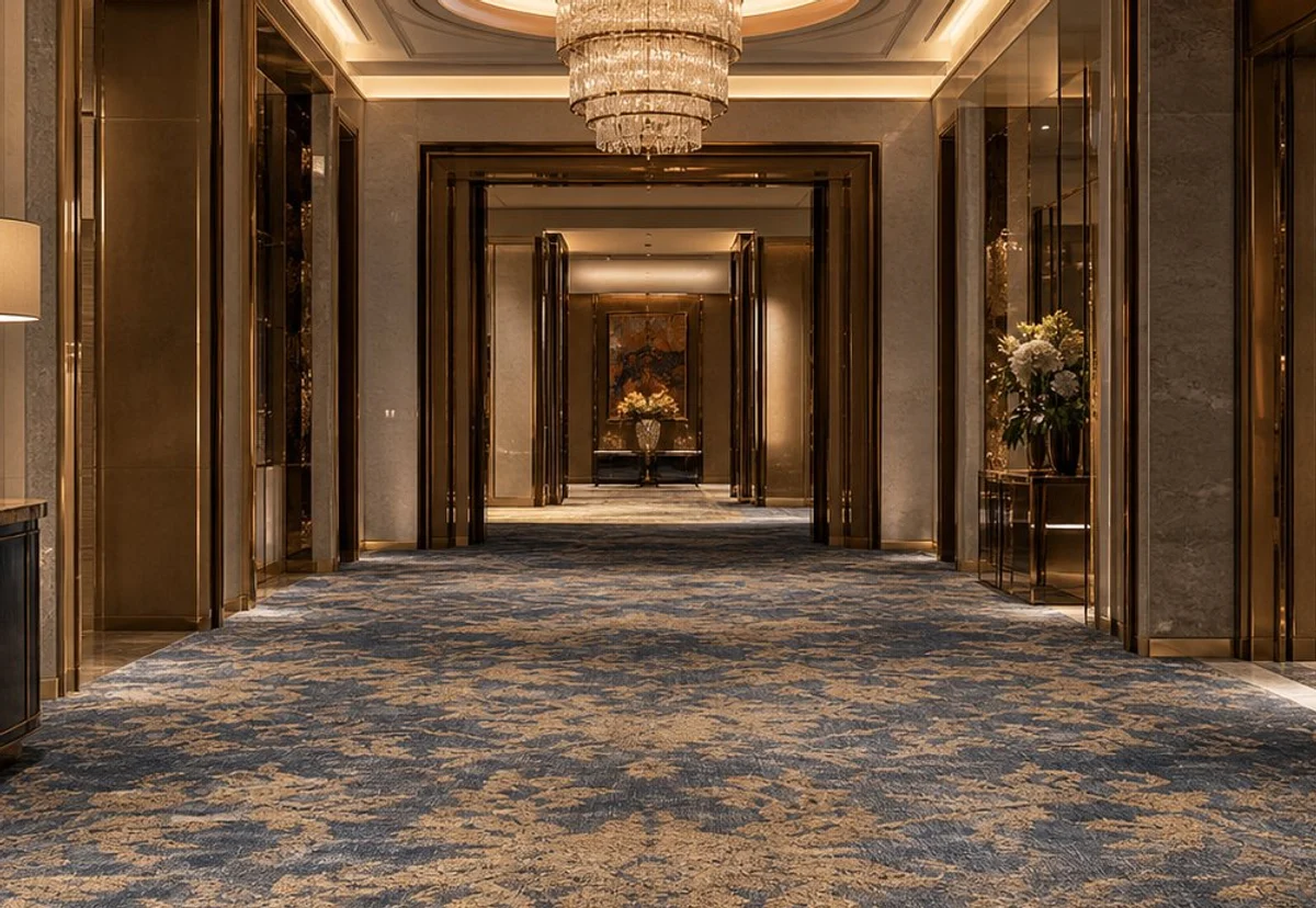 Axminster 80/20 wool blend broadloom carpet installed in a luxury hotel corridor