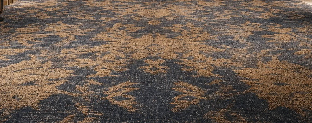 Close-up of blue and gold Axminster wool blend carpet pattern for hospitality projects