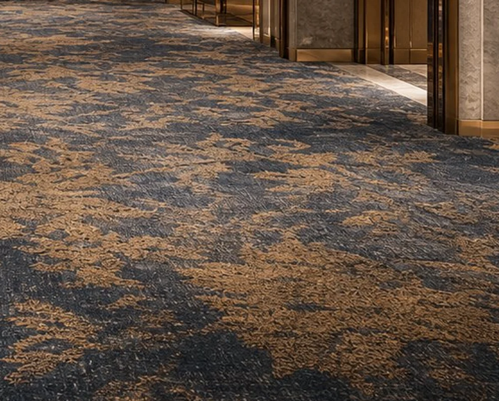 Wall-to-wall woven broadloom carpet edge and corridor installation detail