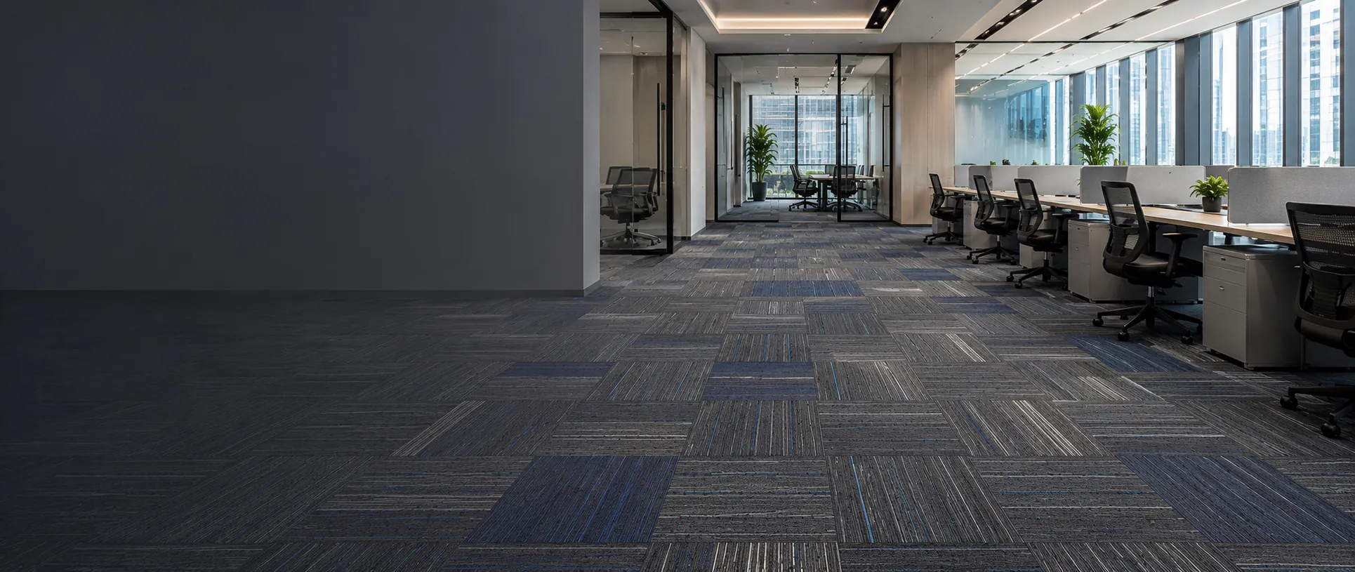 Modern office fitted with 50x50 commercial carpet tiles