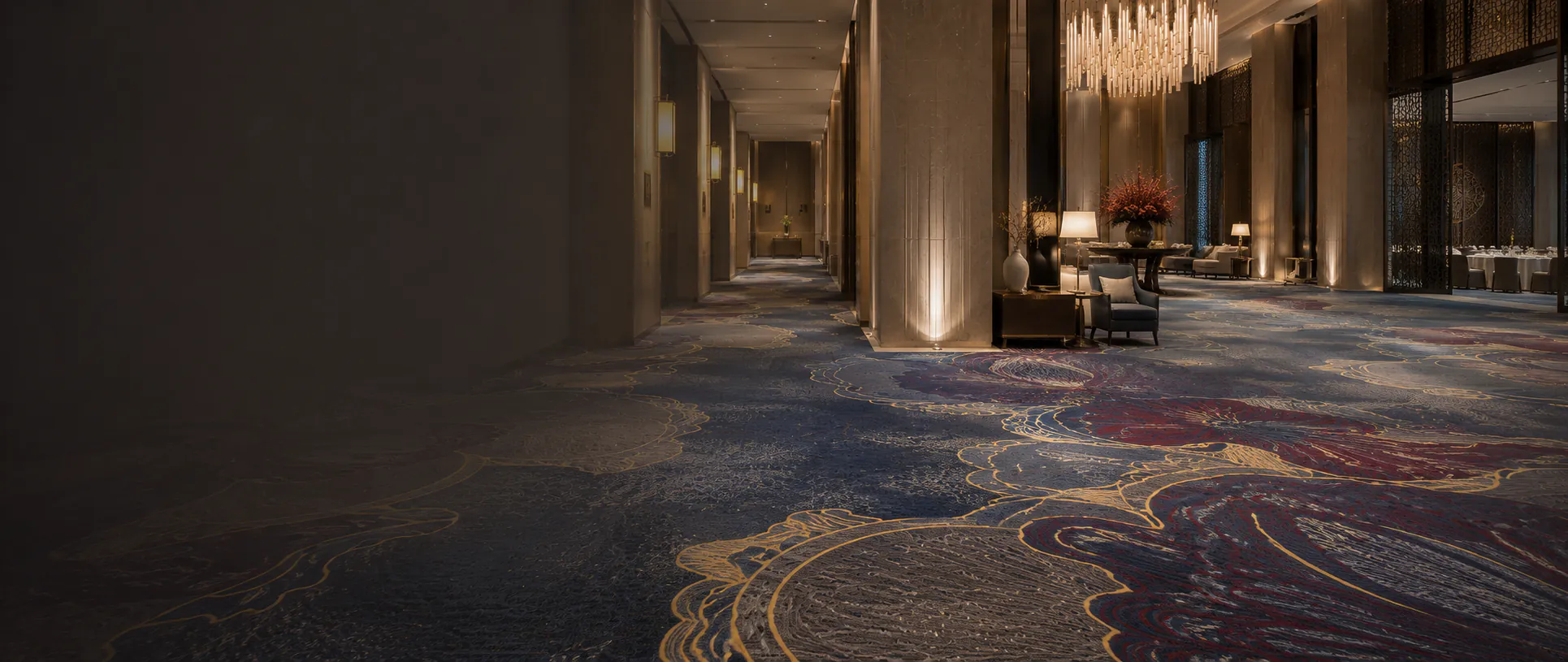 Luxury hotel lobby with custom patterned broadloom carpet